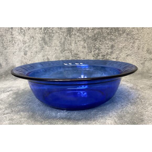 Unmarked Other - Cobalt Blue 12" Wave Embossed Flat Edge Glass Salad/Serving Bowl Made In USA